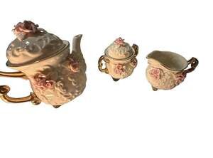 Vintage Cracker Barrel 3-Piece Porcelain Tea Set with Pink Roses and Gold Trim